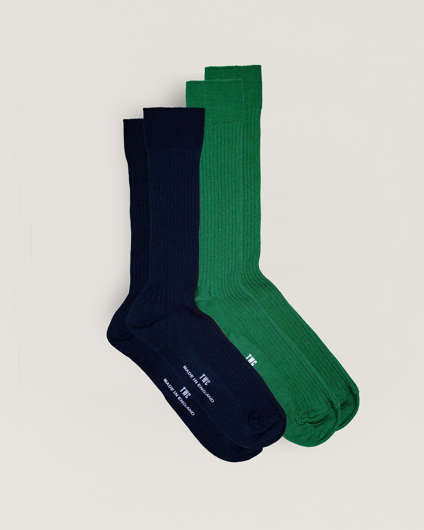Green & Navy Fine Rib Cotton Socks